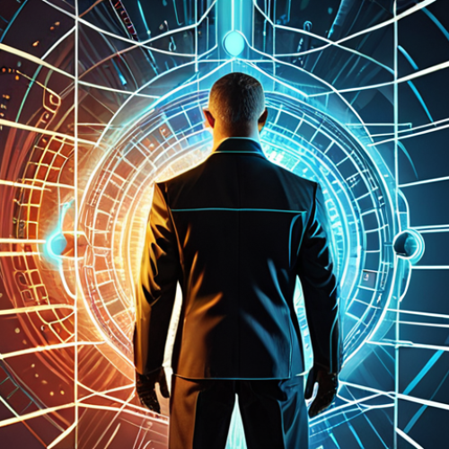 A conceptual illustration of a resilient, modern digital fortress. The structure, gleaming with advanced security protocols, is actively absorbing and analyzing streams of data (threat intelligence), represented by glowing lines and predictive patterns, indicating a proactive defense. A confident business leader stands before it, signifying strategic investment in cybersecurity. The imagery conveys foresight, robust protection, and the continuous strengthening of digital defenses against unseen threats. High-tech, strategic, resilient, conceptual art.