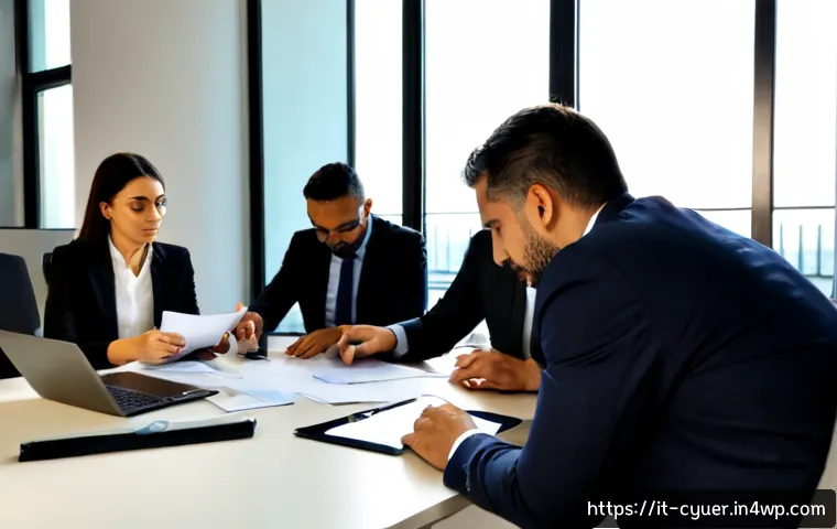 Home 17 사이버 공격 발생 시 기업의 사회적 책임 - Photorealistic corporate crisis response scene in a modern Italian office, diverse team of business ...